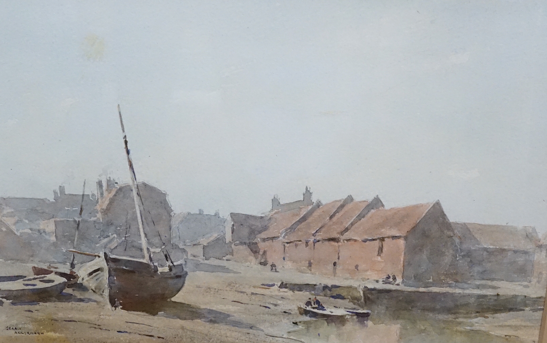 Gerald Ackermann RI (British, 1876-1960), watercolour, 'Misty morning Blakeney Quay', signed with Fine Art Society label verso, 24 x 35cm